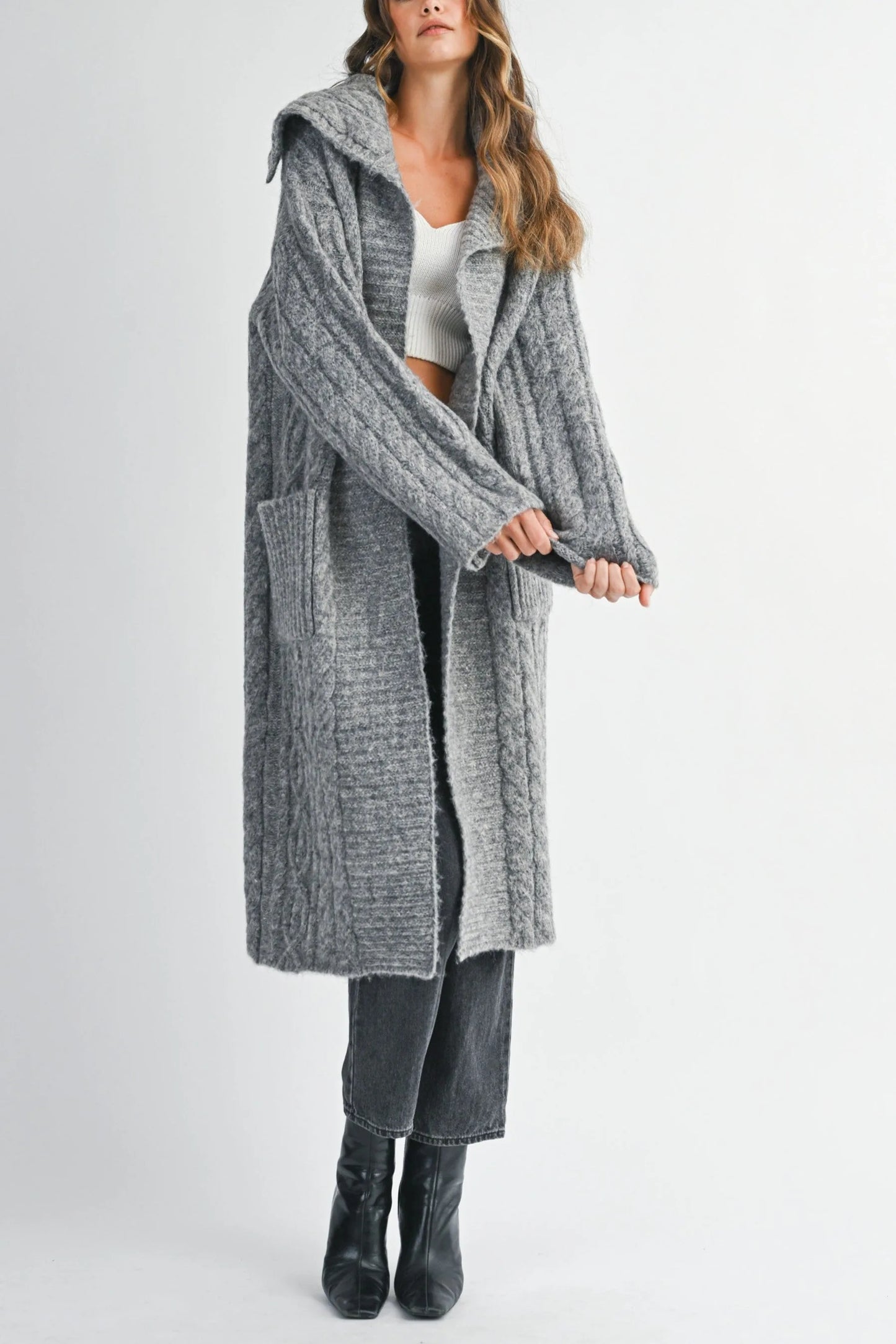 Cozy Cable Knit Longline Cardigan with Sailor Collar