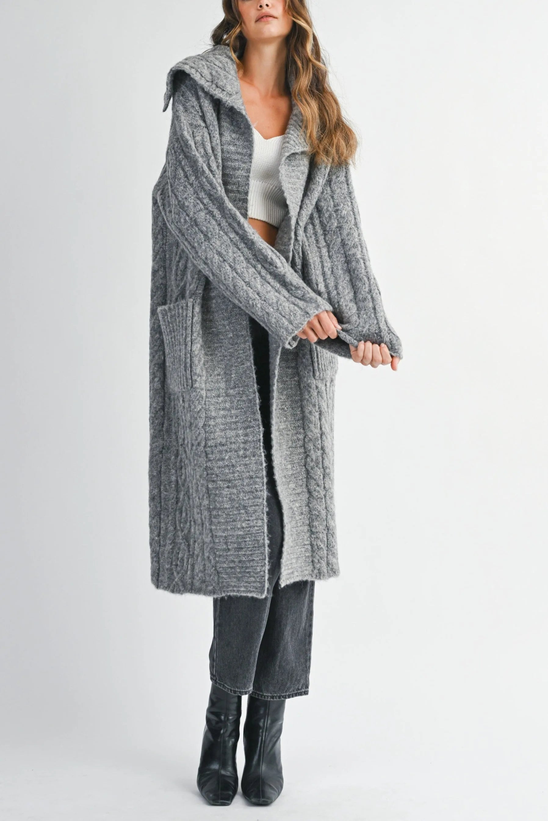 Cozy Cable Knit Longline Cardigan with Sailor Collar