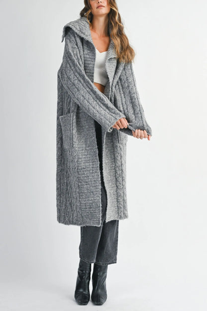 Cozy Cable Knit Longline Cardigan with Sailor Collar
