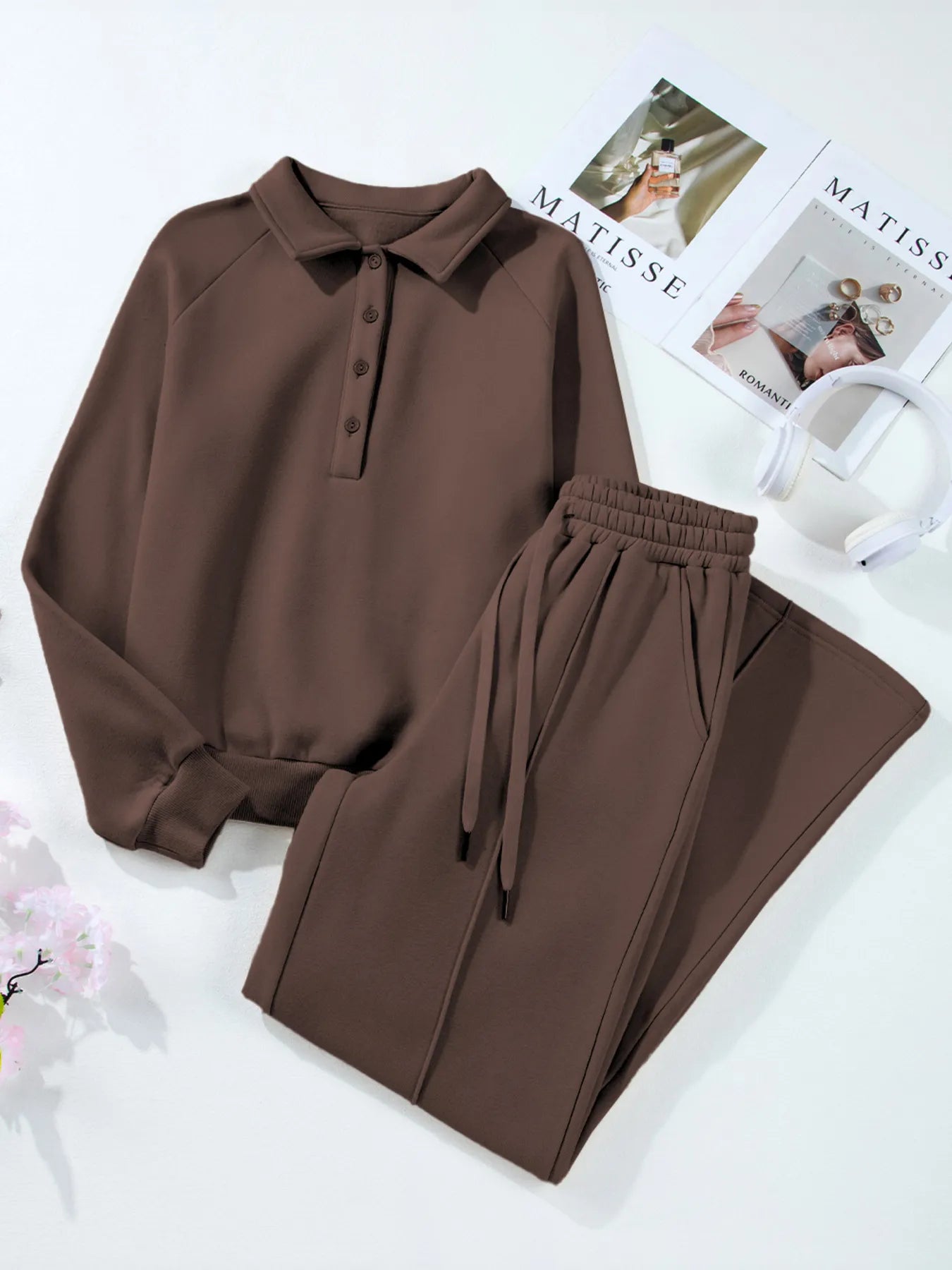 Women's Collared Sweatshirt and High Waist Pants Active Set - Activewear Sets