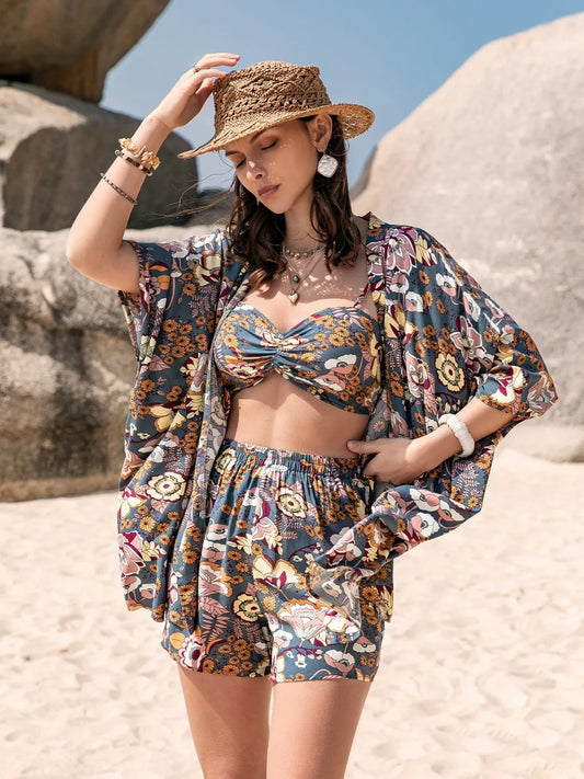 Women's Flowy Printed Bra, Cover Up and Shorts Set Floral