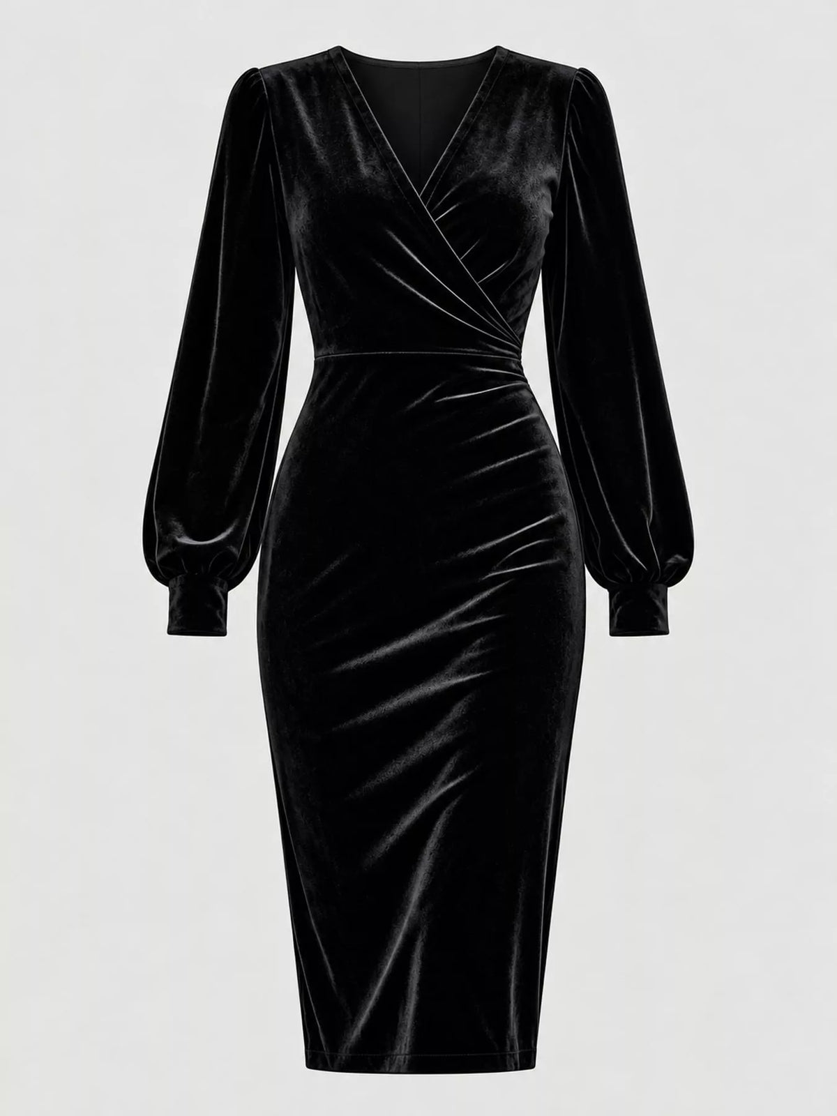 Long-Sleeve Velvet Wrap Dress with Ruched Bodycon Fit