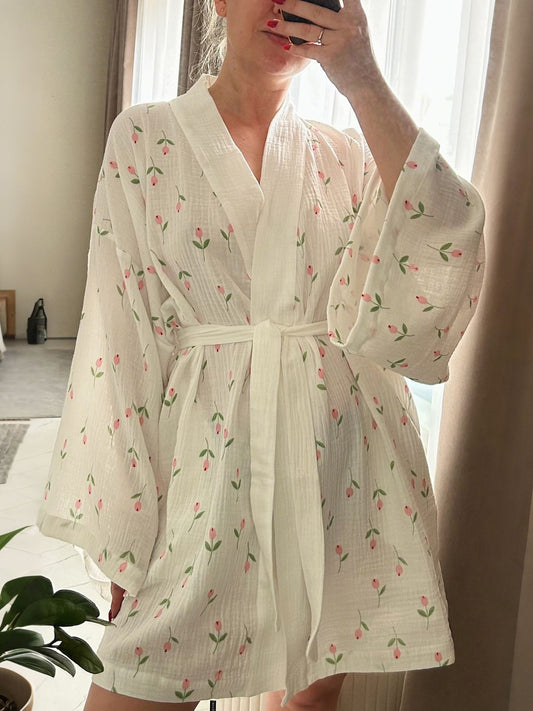 Floral Print Cotton Lightweight Kimono Robe - White Robes