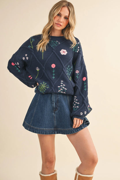Floral Embroidered Knit Sweater