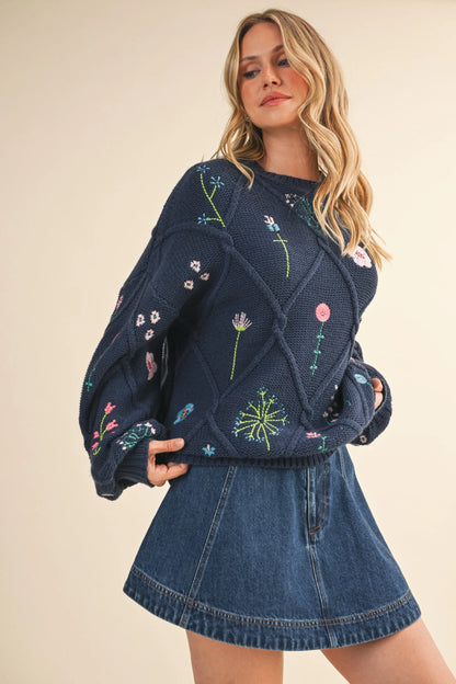 Floral Embroidered Knit Sweater Navy