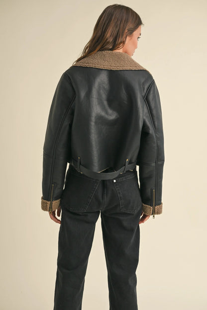 Faux Leather Sherpa Collar Wide Lapel Jacket — Edgy Chic Relaxed Fit Soft Lined Style - Jackets