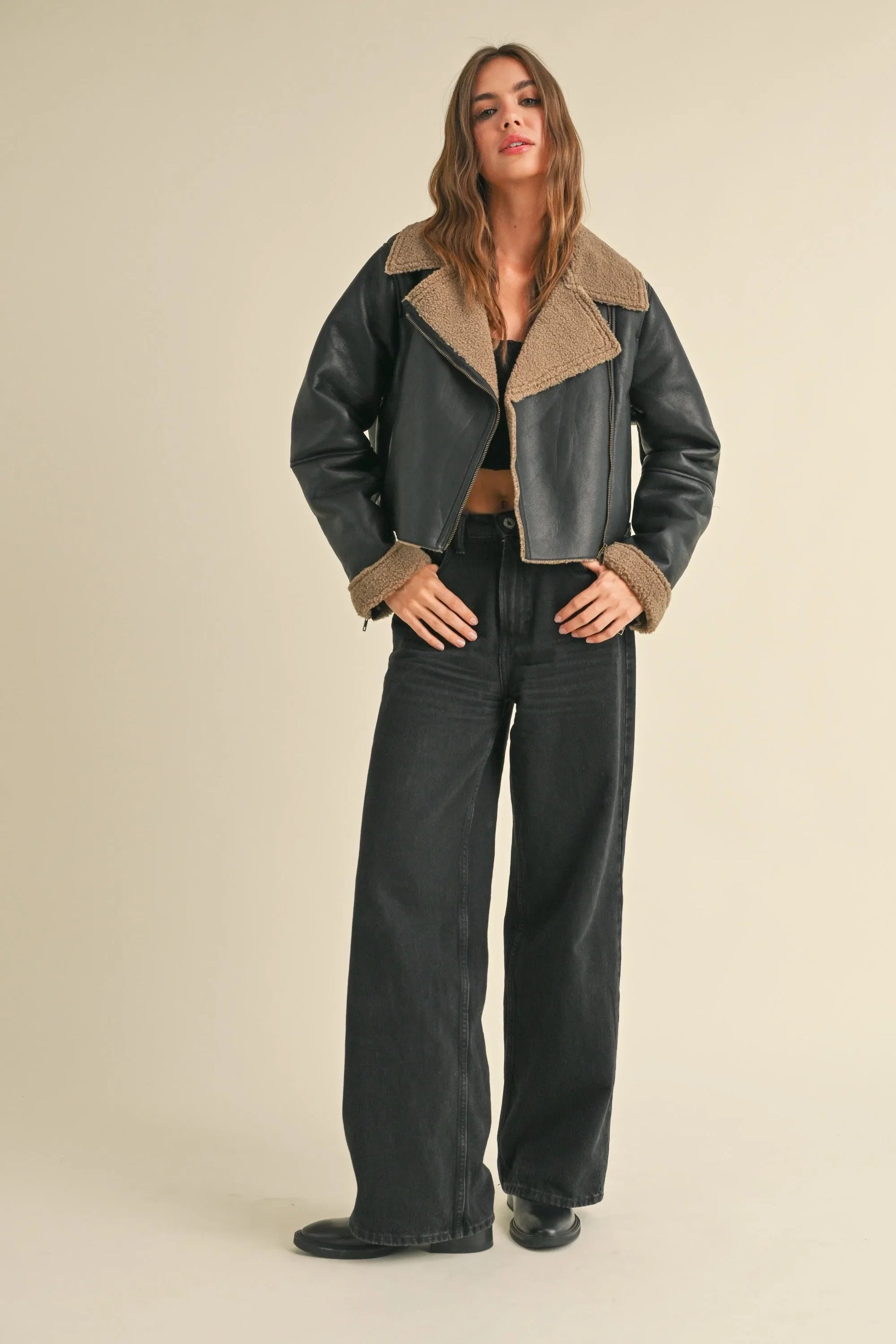 Faux Leather Sherpa Collar Wide Lapel Jacket — Edgy Chic Relaxed Fit Soft Lined Style - Jackets