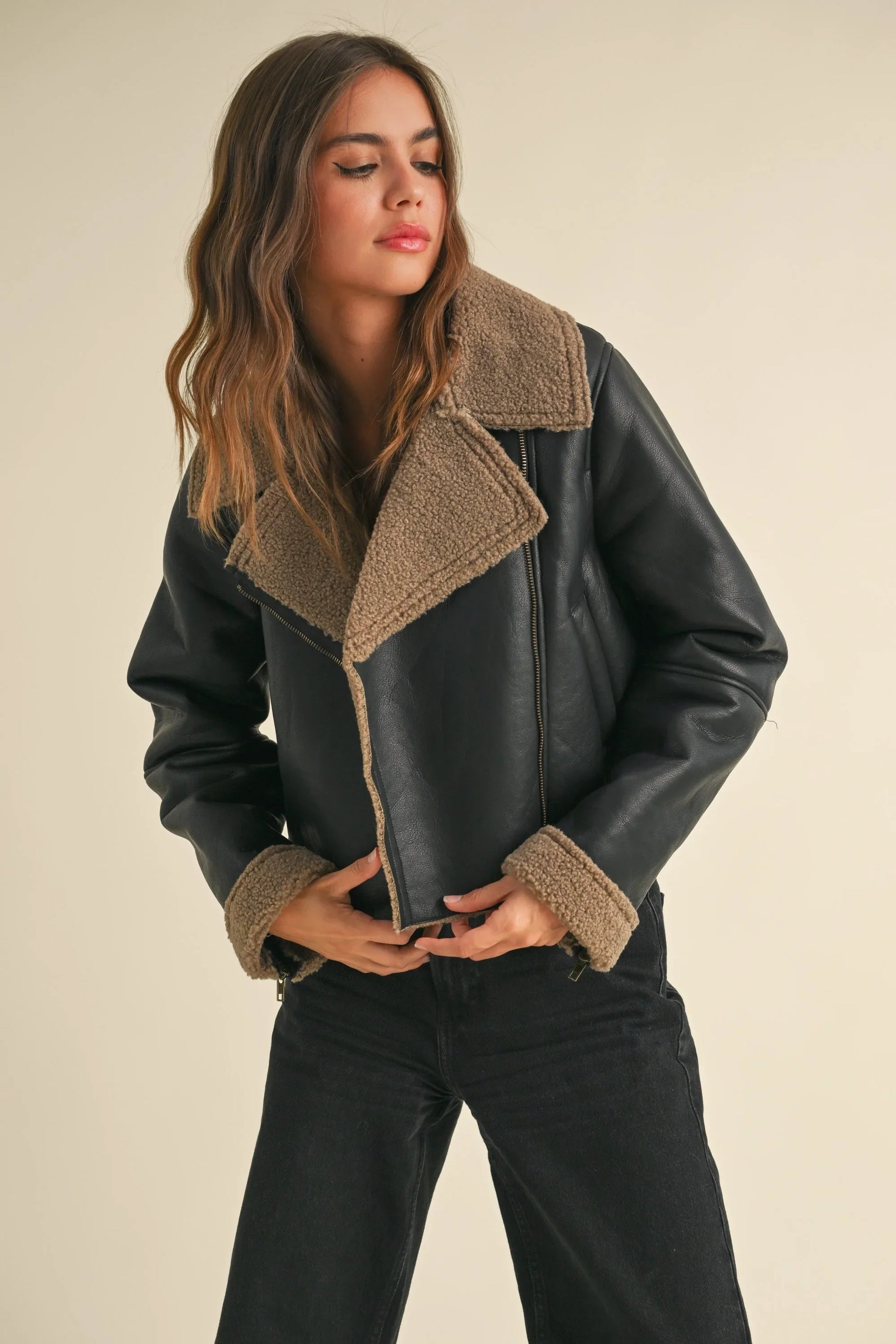Faux Leather Sherpa Collar Wide Lapel Jacket — Edgy Chic Relaxed Fit Soft Lined Style - Black Brown Jackets