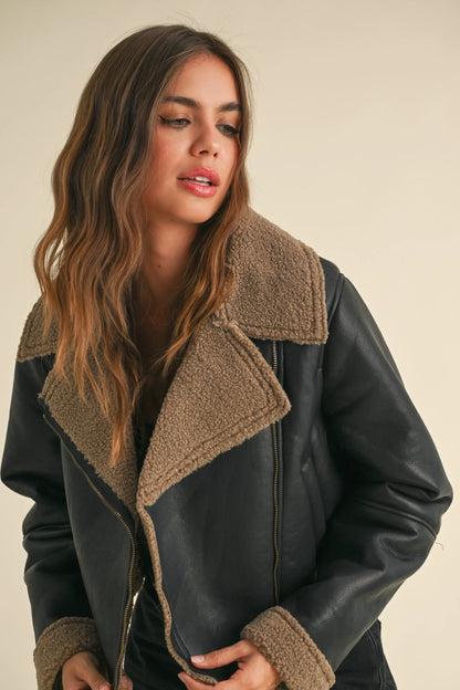 Faux Leather Sherpa Collar Wide Lapel Jacket — Edgy Chic Relaxed Fit Soft Lined Style - Jackets