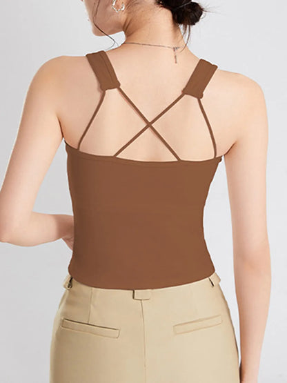 Women's Crisscross Scoop Neck Wide Strap Cropped Tank, Built-In Chest Pads - Crop Tops