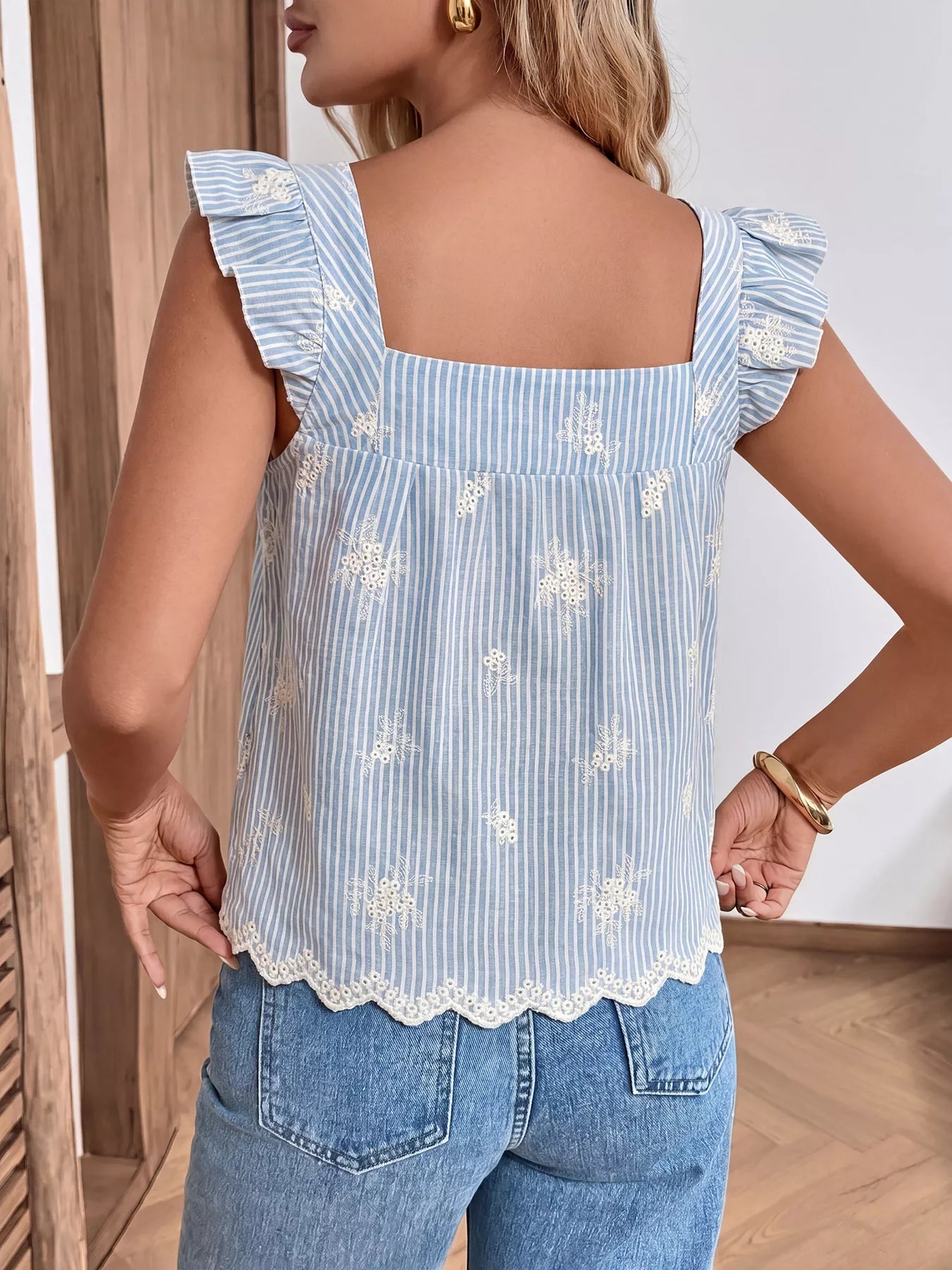 Women's Striped Embroidered Ruffle Sleeve Blouse - Blouses