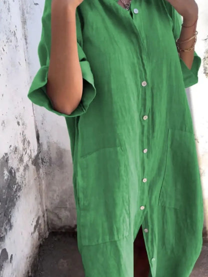 Women's Linen Button Down Shirt Mini Dress - Mini Dresses