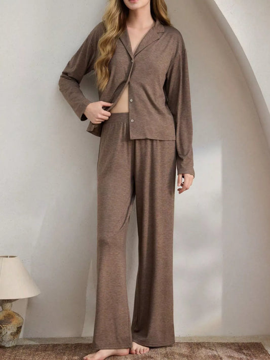 Button-Down Top and Wide-Leg Pants Loungewear Set Brown