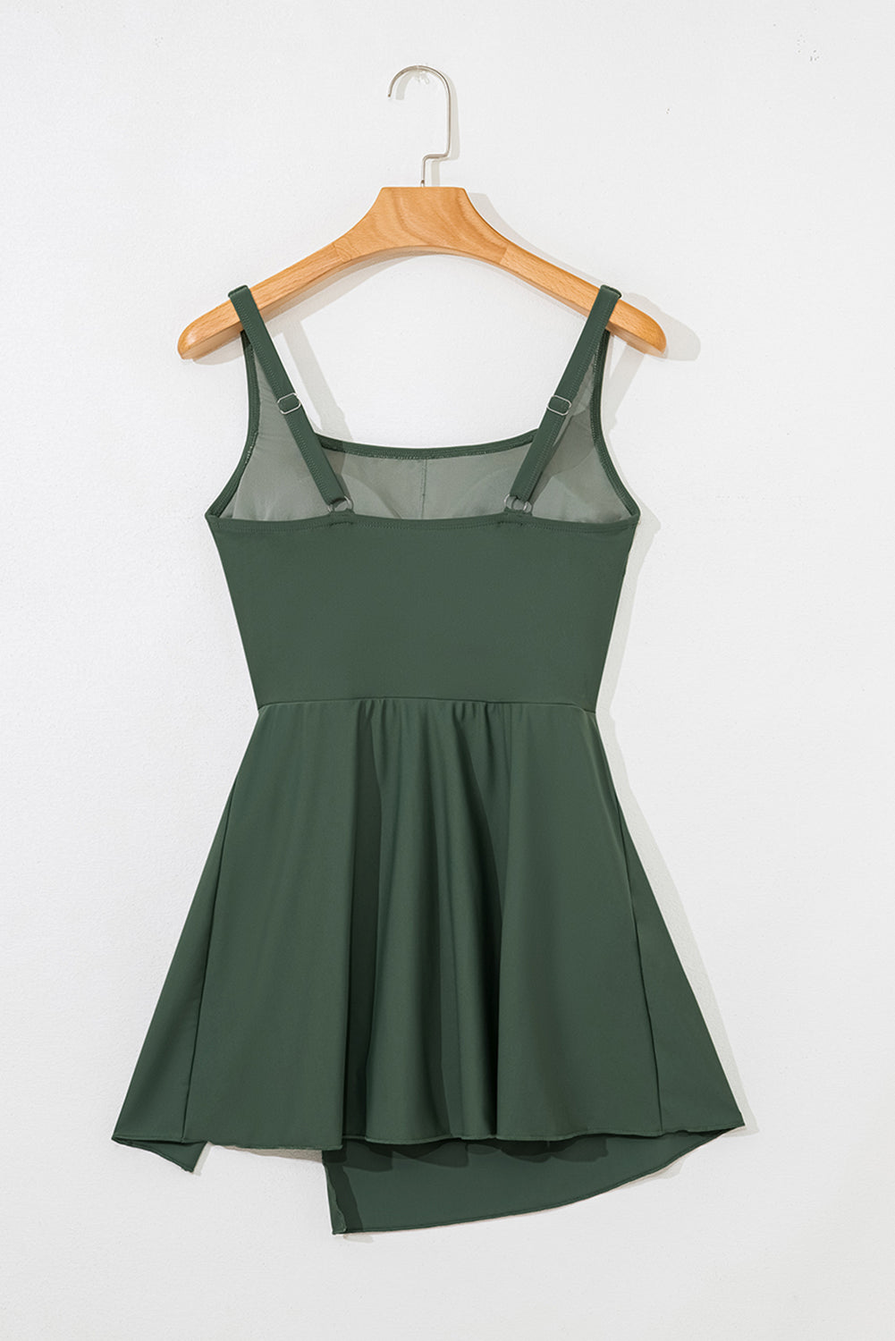 Solid Wrap Tie Waist Square Neck A-Line Swim Dress — Slimming Silhouette Elegant Beach Style - Swimwear
