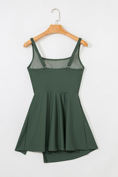 Solid Wrap Tie Waist Square Neck A-Line Swim Dress — Slimming Silhouette Elegant Beach Style - Swimwear
