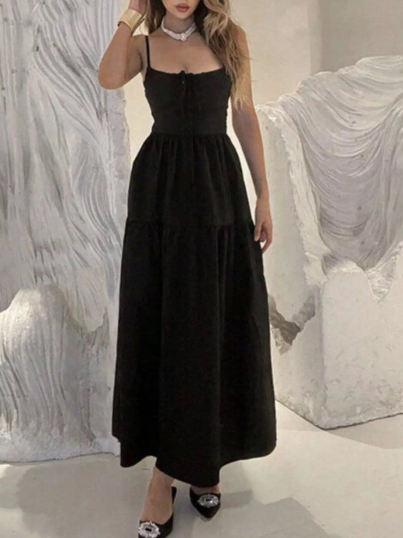 Lace Up Back Maxi Cami Tiered Dress - Maxi Dresses