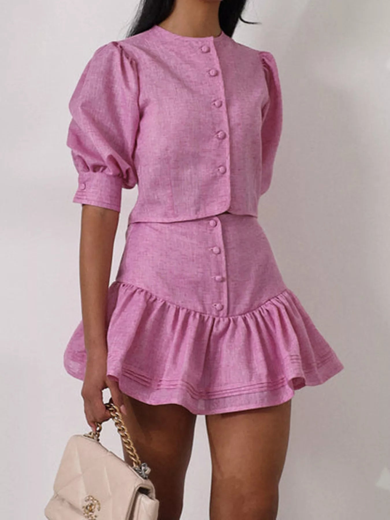 Women's Puff Sleeve Cropped Top and Ruffled Skirt Set - Matching Sets
