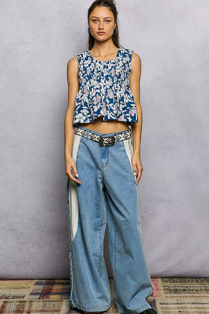 Floral Round Neck Cropped Pintuck Tank - Tank Tops