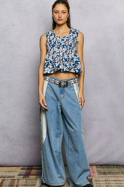 Floral Round Neck Cropped Pintuck Tank - Tank Tops