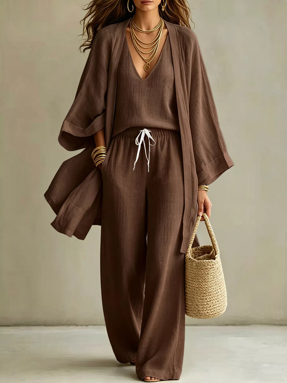 Three-Piece Lounge Set with V-Neck Top, Open Cardigan and Drawstring Pants Dark Brown