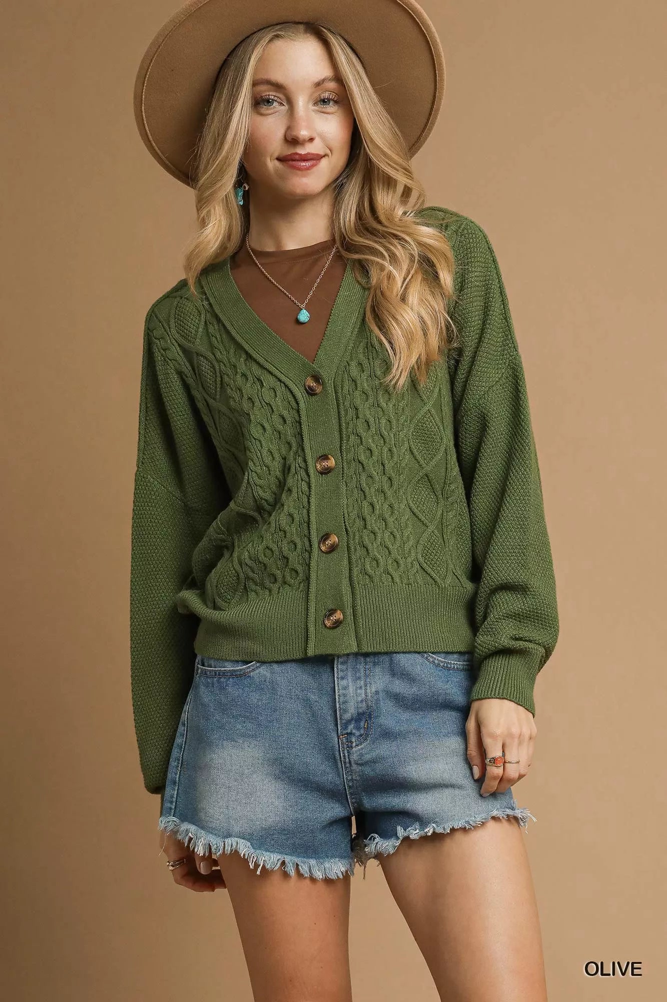 Olive Chunky Cable Knit V-Neck Long Sleeve Button-Up Cardigan in Olive | Trendy Cardigans Outfit Idea for Women by Ro + Ivy | Elevated Basics, Modern Comfort & Style