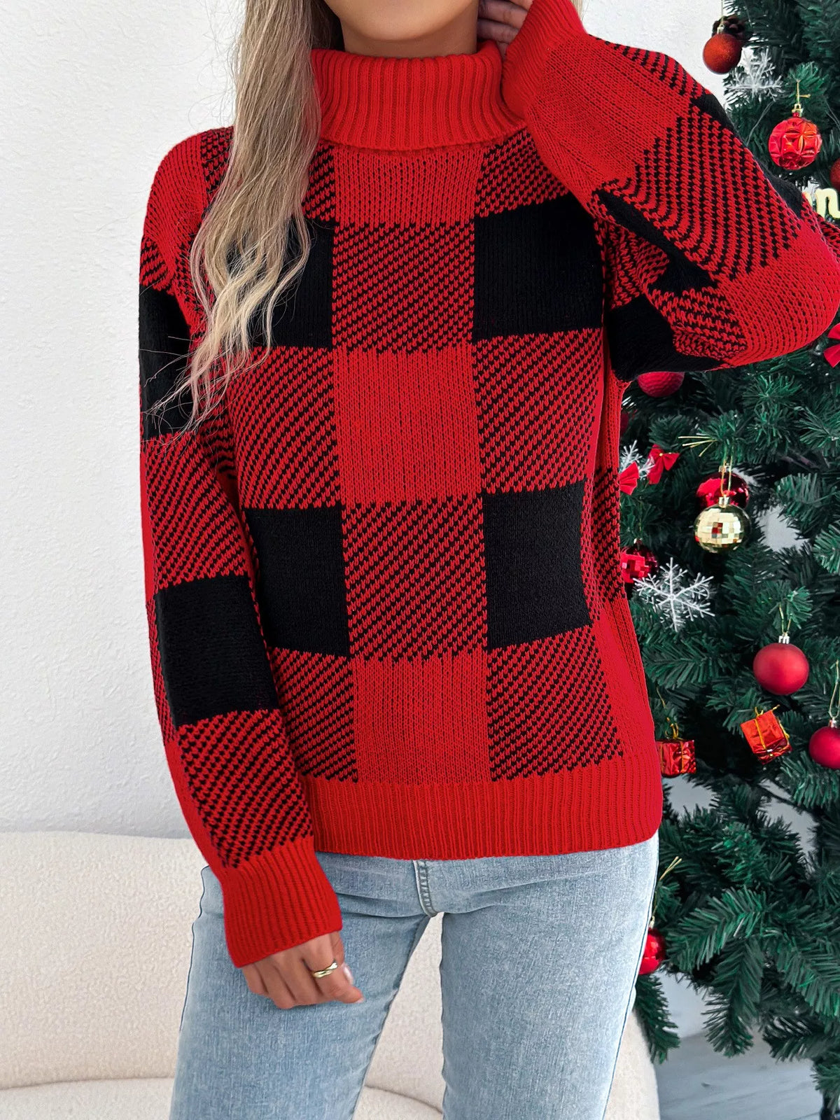 Christmas Plaid Long-Sleeve Turtleneck Knit Sweater