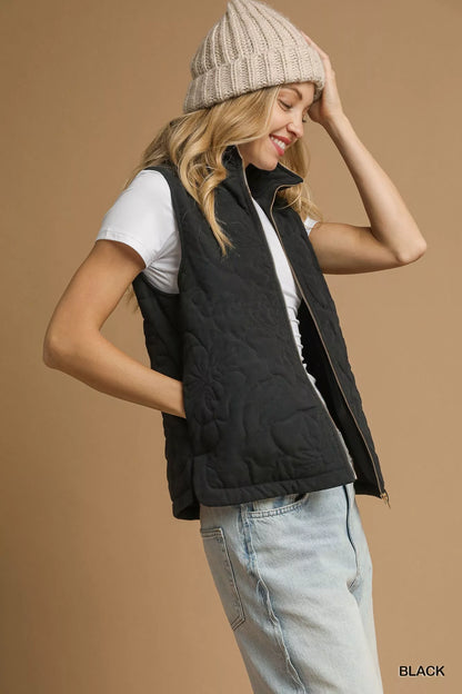 Quilted Floral Zip Up Embroidered Sleeveless Vest With Pockets | Trendy Vests Outfit Idea for Women by Ro + Ivy | Elevated Basics, Modern Comfort & Style