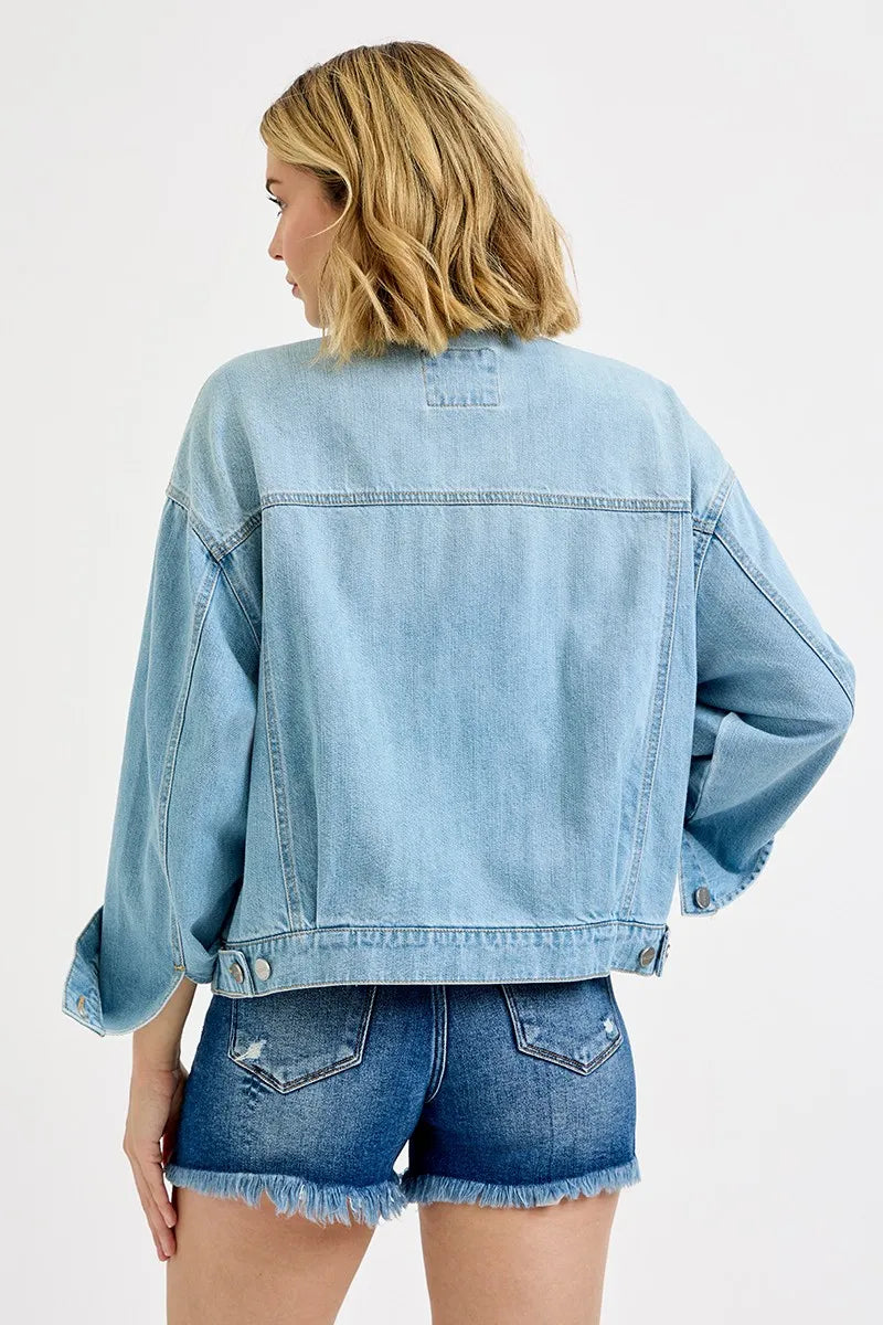 Dropped Shoulder Button Up Washed Denim Jacket | Trendy Denim Jackets Outfit Idea for Women by Ro + Ivy | Elevated Basics, Modern Comfort & Style