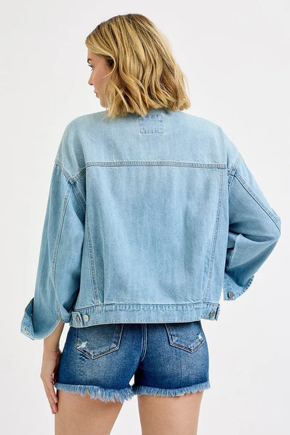 Dropped Shoulder Button Up Washed Denim Jacket | Trendy Denim Jackets Outfit Idea for Women by Ro + Ivy | Elevated Basics, Modern Comfort & Style