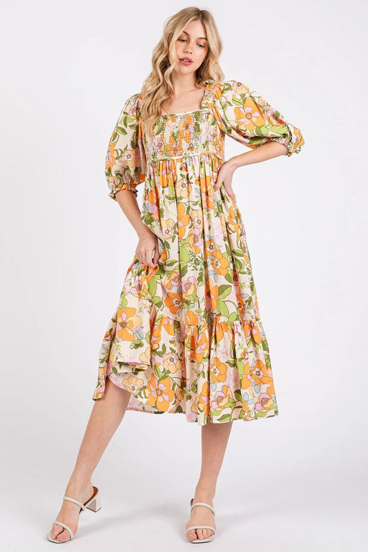 Flower Print Puff Sleeve Ruffle Smocked Midi Dress – ORANGE outfit idea for women | Ro + Ivy
