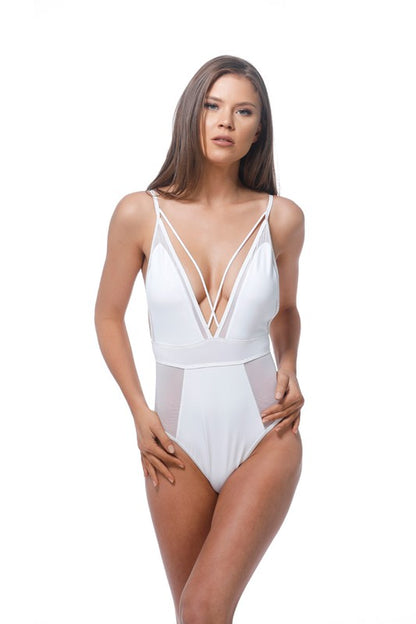 Solid Mix Mesh Deep V Plunge One-Piece Swimsuit | Trendy One-Piece Swimsuits Outfit Idea for Women by Ro + Ivy | Elevated Basics, Modern Comfort & Style