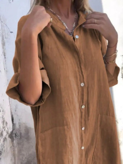 Women's Linen Button Down Shirt Mini Dress - Khaki Mini Dresses