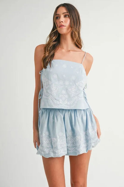 Embroidered Crop Cami And Balloon Mini Skirt Set – outfit idea for women | Ro + Ivy