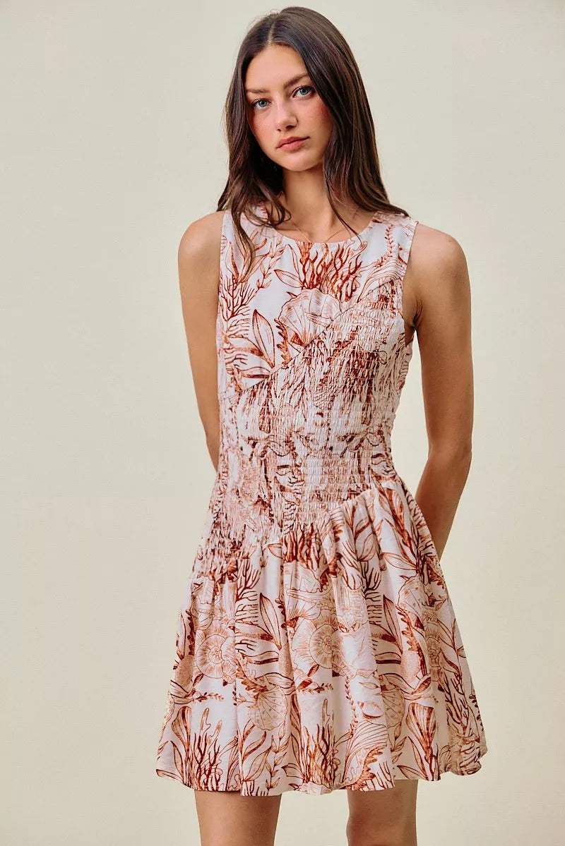Women's Shell Print Smocked Fit and Flare Mini Dress - Mini Dresses