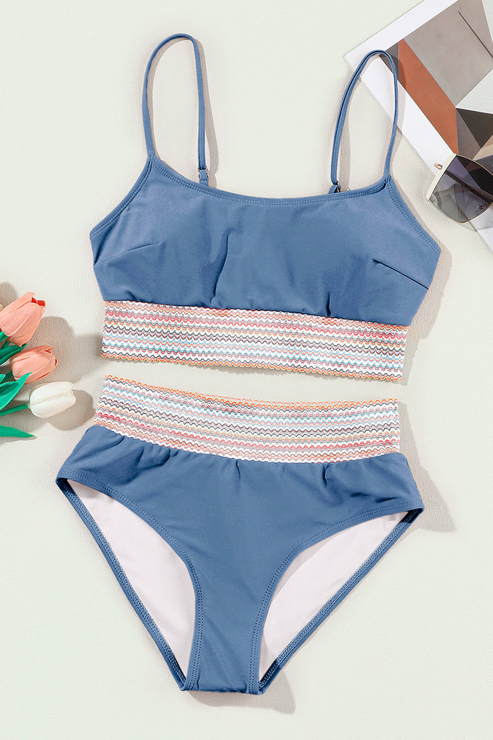 Stripe Border Spaghetti Strap High Waist Bikini Set — Flattering Beach Style - Swimwear/Bikinis