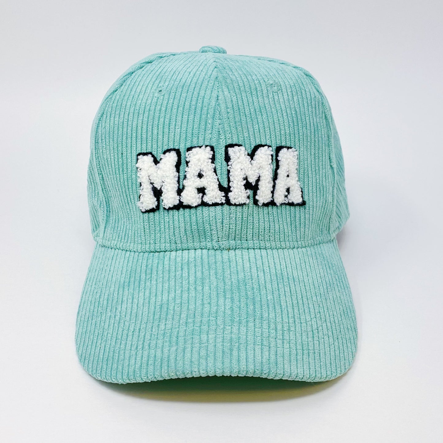 Corduroy MAMA Baseball Cap — Fuzzy Patch Letter Curved Brim Adjustable Fit - Sage Baseball Caps