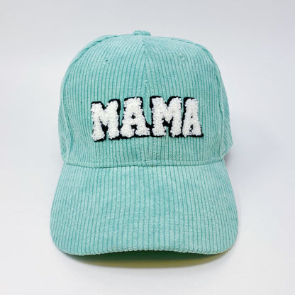 Corduroy MAMA Baseball Cap — Fuzzy Patch Letter Curved Brim Adjustable Fit - Sage Baseball Caps