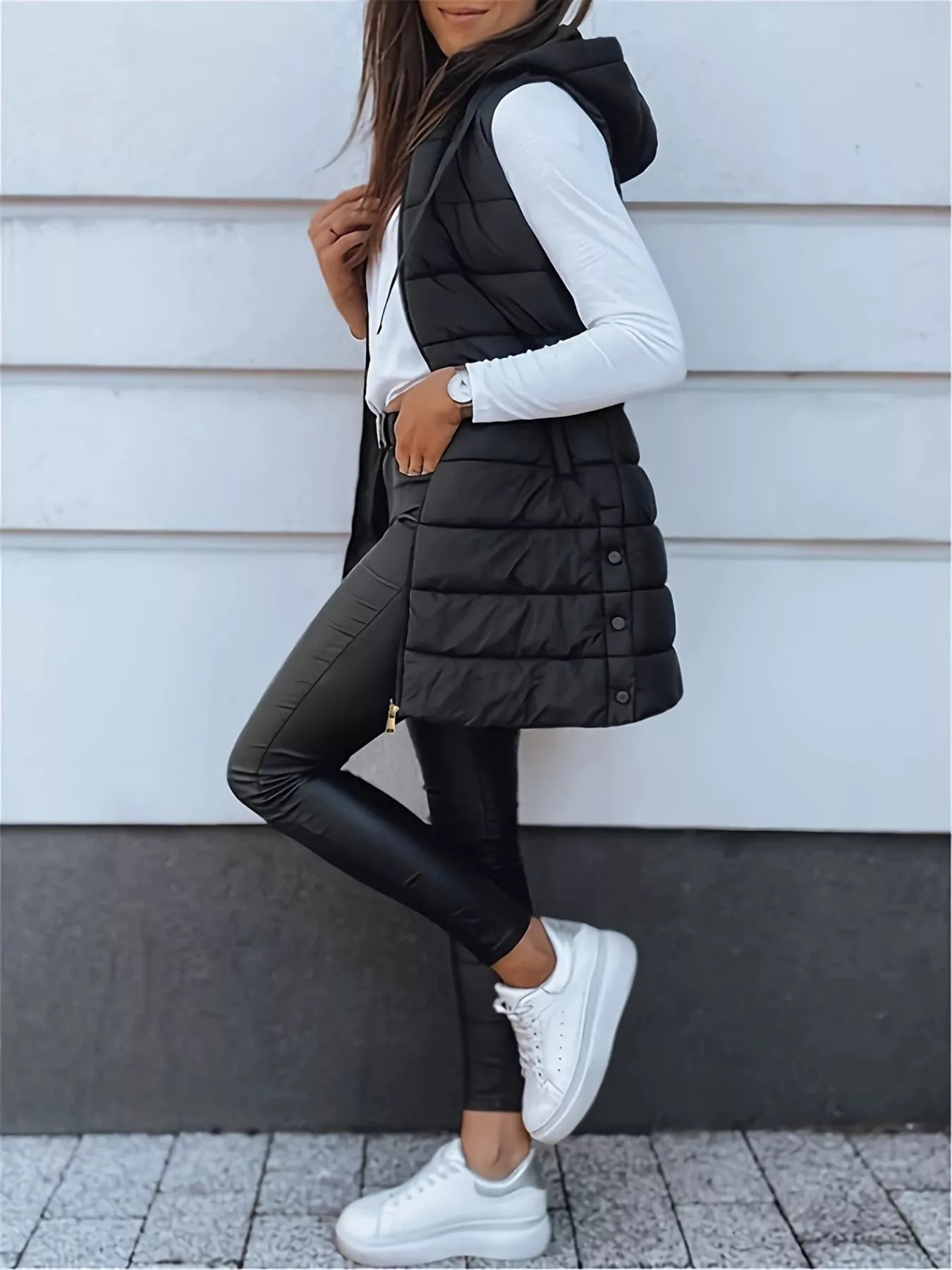 Zip Up Longline Hooded Puffer Vest