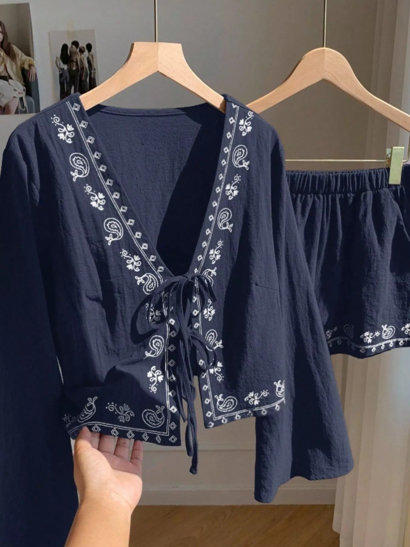 Women's Embroidered Tie Front Top and Shorts Set - Navy Matching Sets