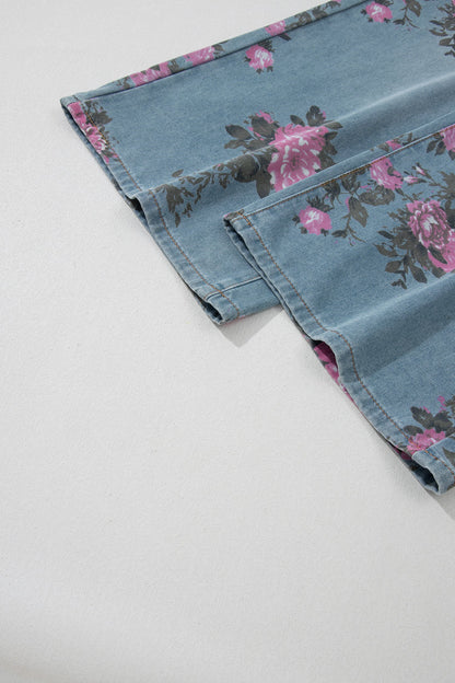 Vintage Floral Print Light Wash Bootcut Jeans — Feminine Flattering Everyday Style - Jeans