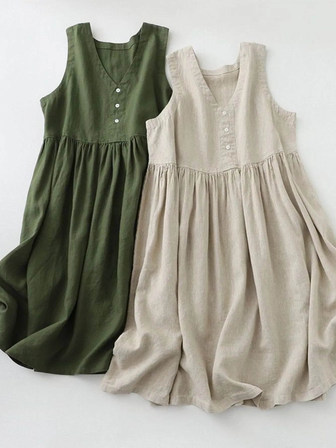 Women's V-Neck Button Detail Sleeveless Midi Dress - Midi Dresses