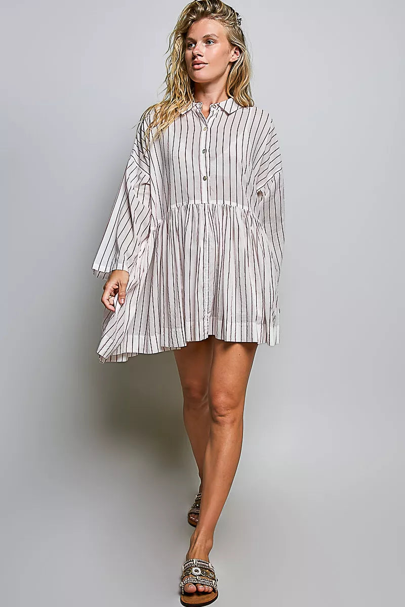 Women's Striped Gathered Waist Shirt Mini Dress - Mini Dresses
