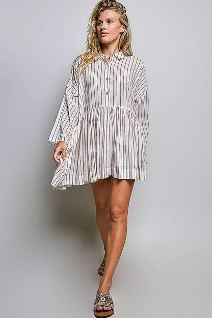 Women's Striped Gathered Waist Shirt Mini Dress - Mini Dresses