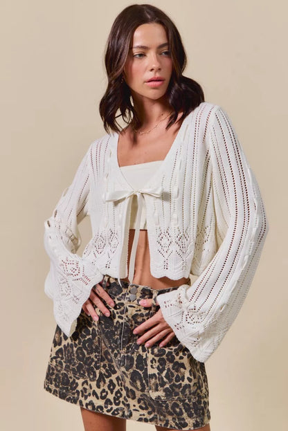 Textured Knit Open Front Ribbon Tie Cardigan — Soft Feminine Relaxed Layering Style - Cardigans