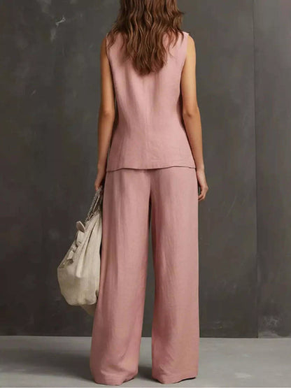 Women's Flowy Sleeveless Vest and Wide Leg Pants Set - Matching Sets
