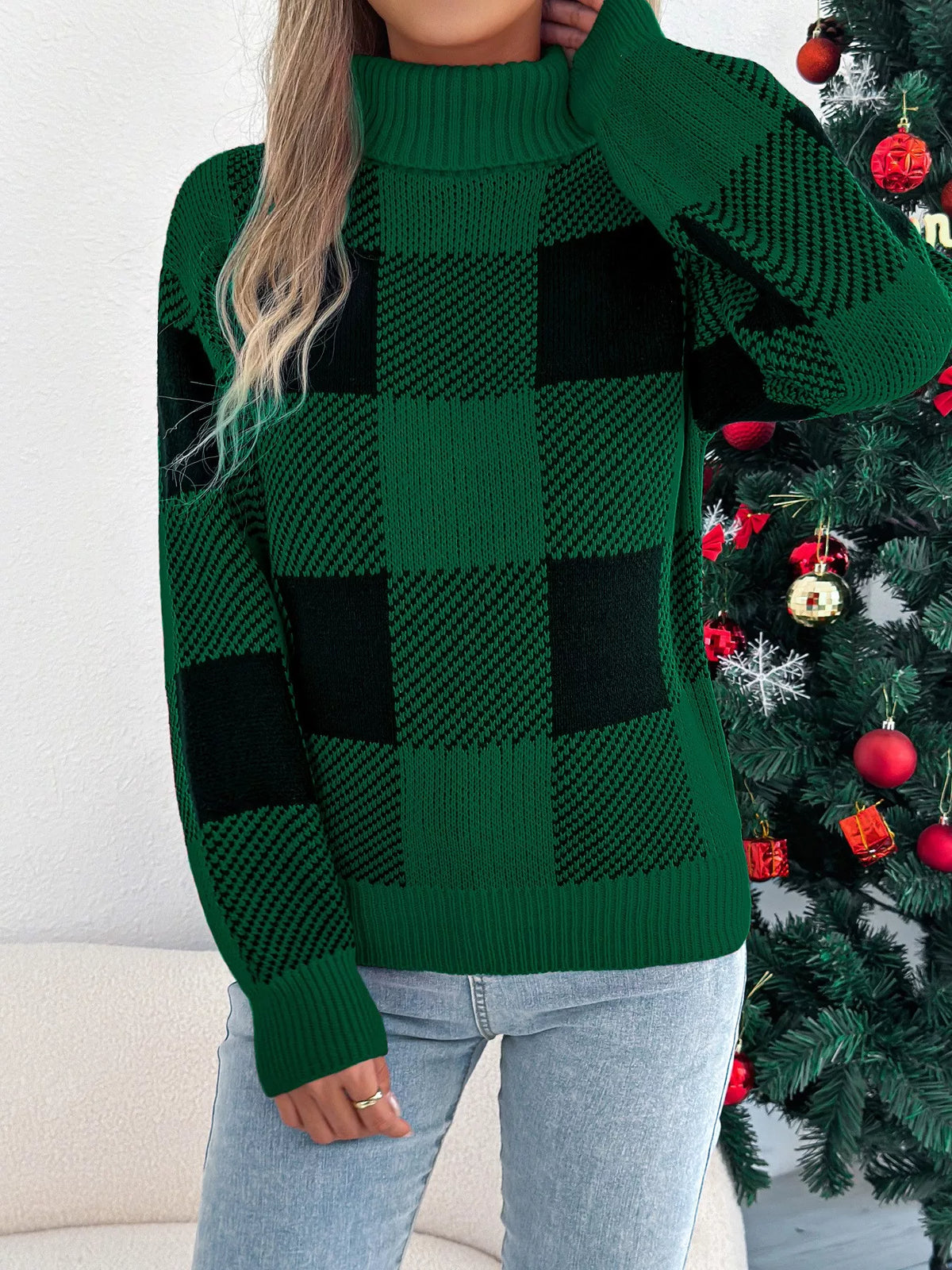 Christmas Plaid Long-Sleeve Turtleneck Knit Sweater