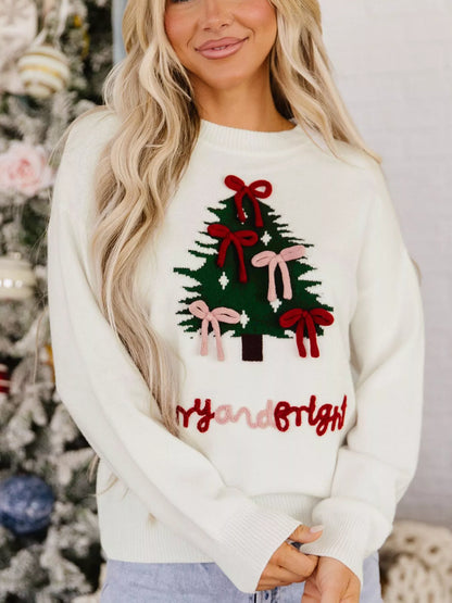 Christmas Tree Bow Drop-Shoulder Knit Sweater White