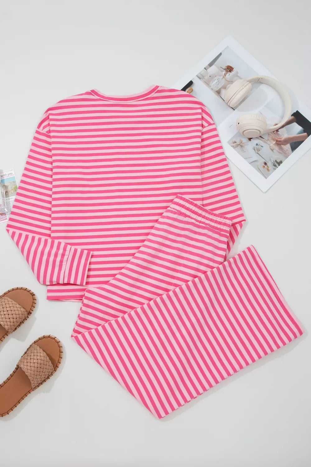 Women's Striped Drop Shoulder Round Neck Top and Buttoned Straight Pants Set - Matching Sets