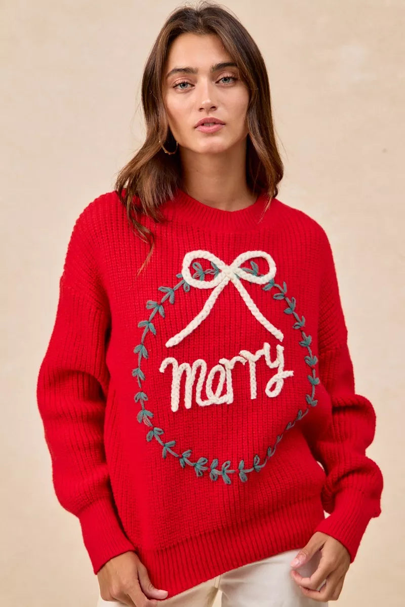 "Merry" Lettering Christmas Wreath Crewneck Sweater | Trendy Sweaters Outfit Idea for Women by Ro + Ivy | Elevated Basics, Modern Comfort & Style