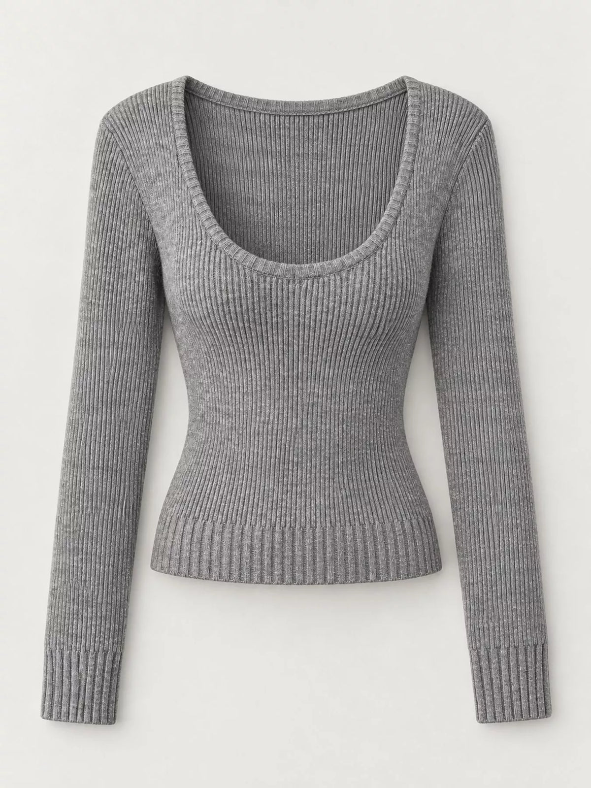 Scoop Neck Ribbed Knit Slim-Fit Sweater with Long Sleeves